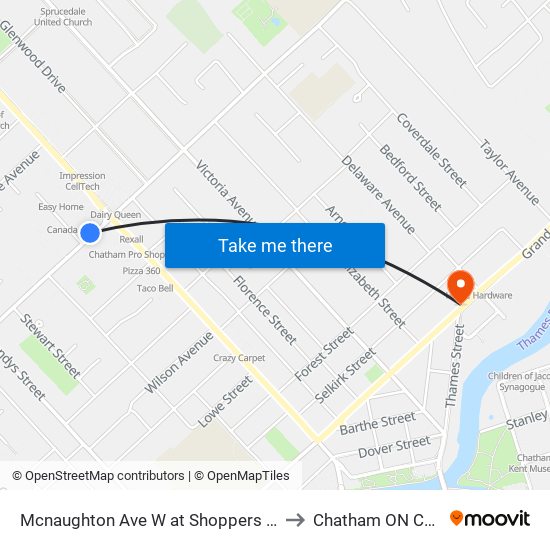 Mcnaughton Ave W at Shoppers Wellwise to Chatham ON Canada map