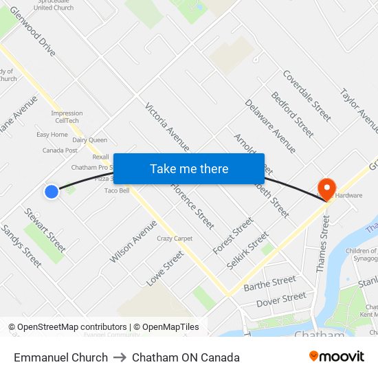 Emmanuel Church to Chatham ON Canada map