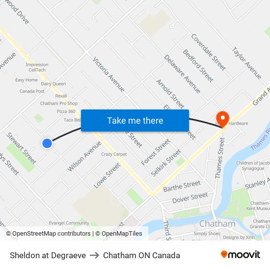 Sheldon at Degraeve to Chatham ON Canada map