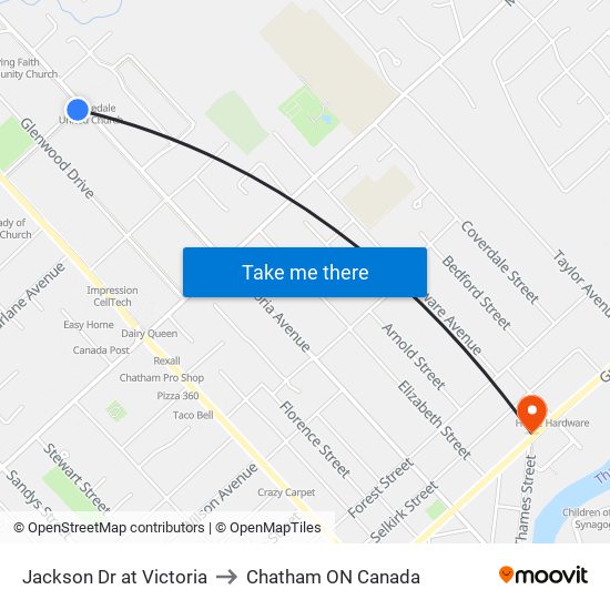 Jackson Dr at Victoria to Chatham ON Canada map