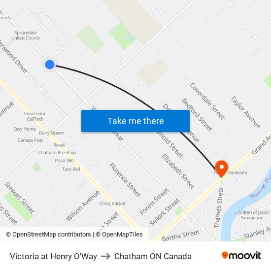 Victoria at Henry O'Way to Chatham ON Canada map