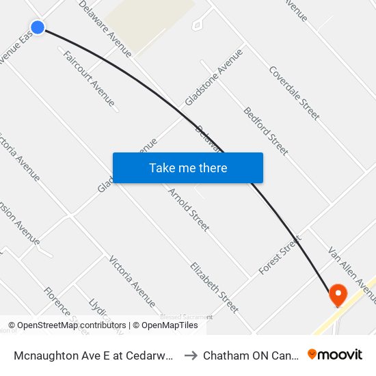 Mcnaughton Ave E at Cedarwoods to Chatham ON Canada map