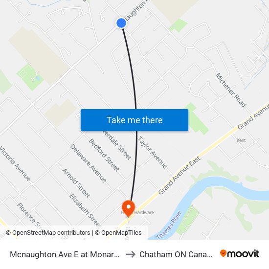 Mcnaughton Ave E at Monarch to Chatham ON Canada map