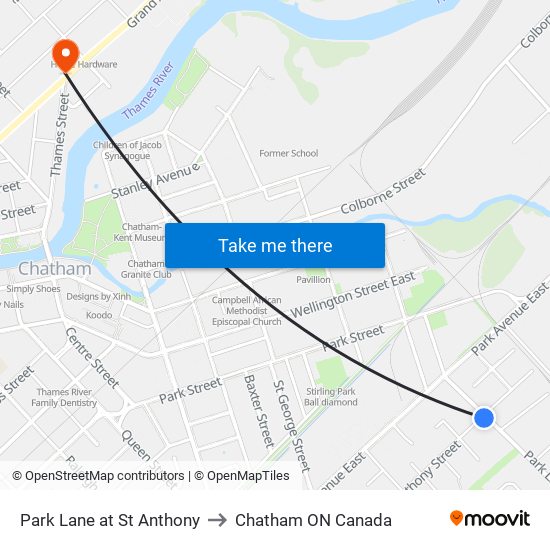 Park Lane at St Anthony to Chatham ON Canada map