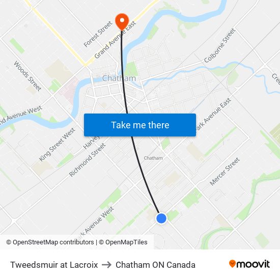 Tweedsmuir at Lacroix to Chatham ON Canada map