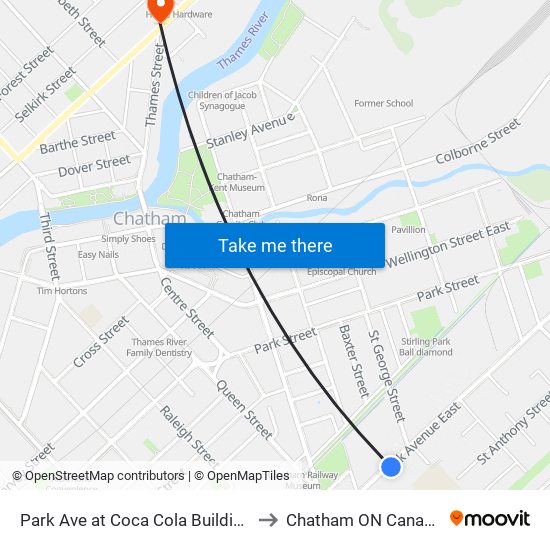 Park Ave at Coca Cola Building to Chatham ON Canada map