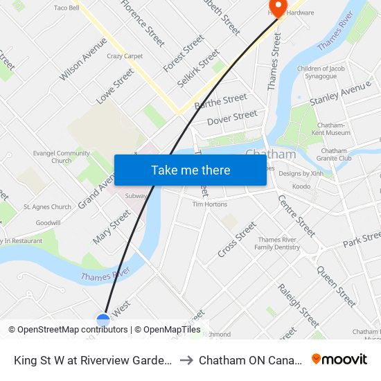 King St W at Riverview Gardens to Chatham ON Canada map