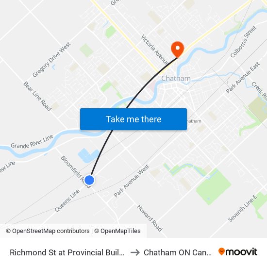 Richmond St at Provincial Building to Chatham ON Canada map