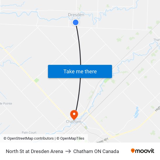 North St at Dresden Arena to Chatham ON Canada map