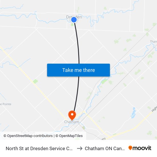 North St at Dresden Service Centre to Chatham ON Canada map