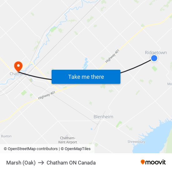 Marsh (Oak) to Chatham ON Canada map