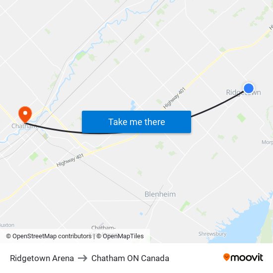 Ridgetown Arena to Chatham ON Canada map