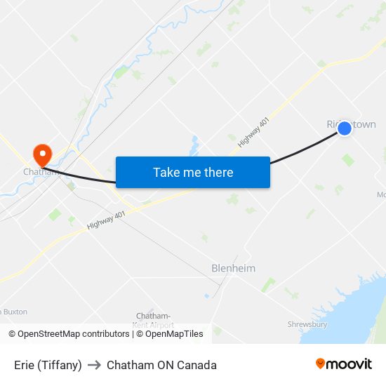 Erie (Tiffany) to Chatham ON Canada map