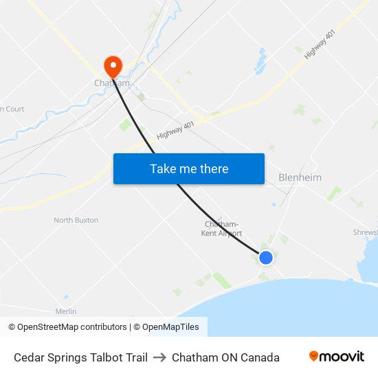 Cedar Springs Talbot Trail to Chatham ON Canada map