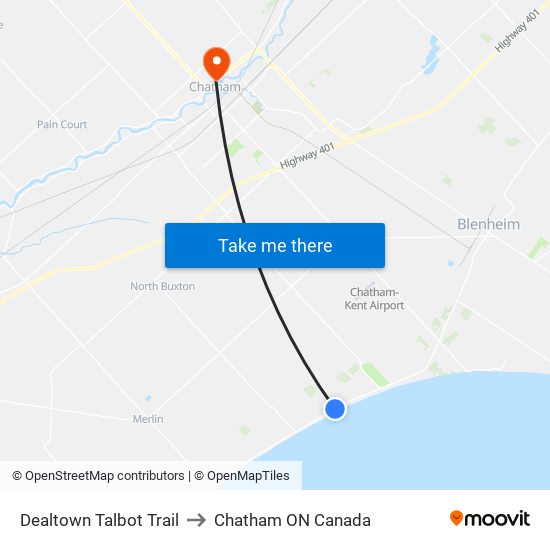 Dealtown Talbot Trail to Chatham ON Canada map