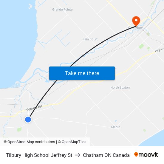 Tilbury High School Jeffrey St to Chatham ON Canada map