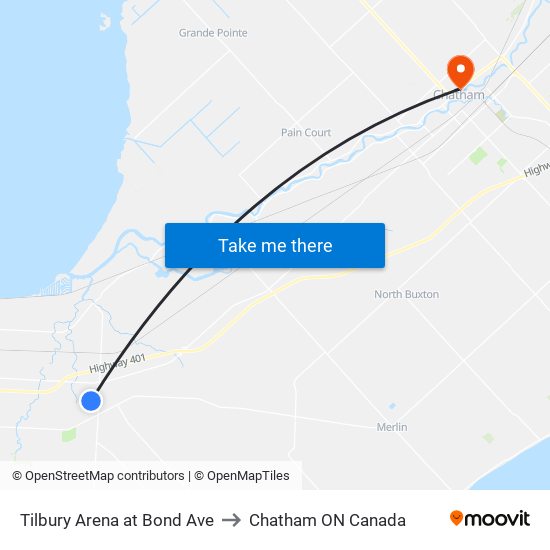 Tilbury Arena at Bond Ave to Chatham ON Canada map