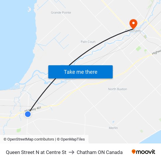 Queen Street N at Centre St to Chatham ON Canada map