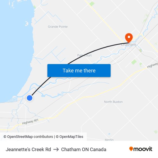 Jeannette's Creek Rd to Chatham ON Canada map