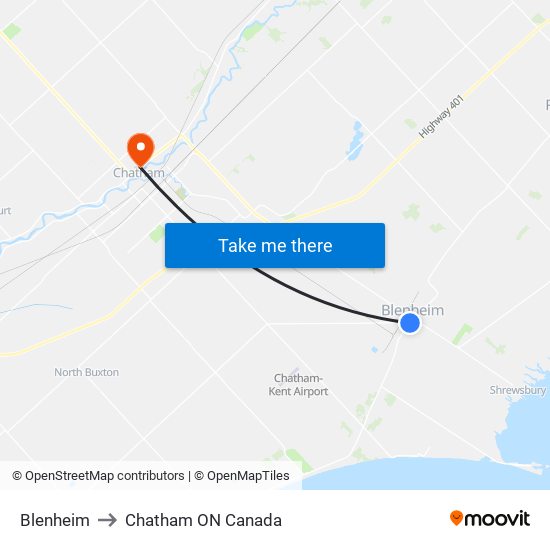 Blenheim to Chatham ON Canada map
