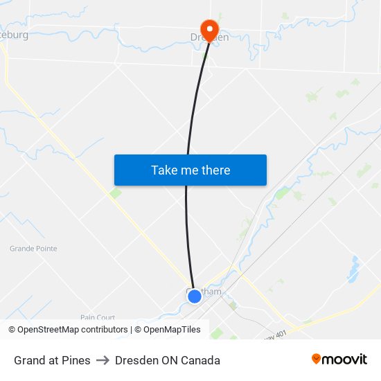 Grand at Pines to Dresden ON Canada map