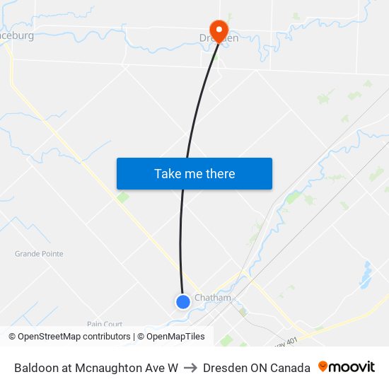 Baldoon at Mcnaughton Ave W to Dresden ON Canada map