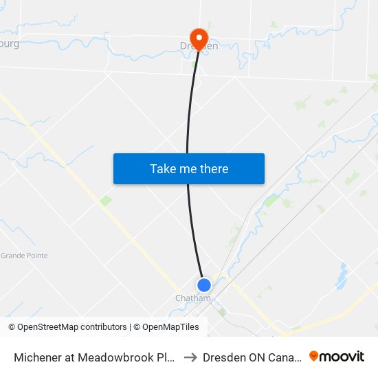 Michener at Meadowbrook Plaza to Dresden ON Canada map