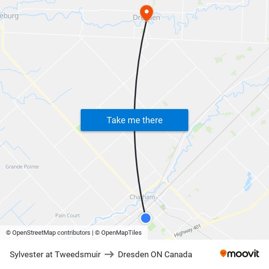 Sylvester at Tweedsmuir to Dresden ON Canada map