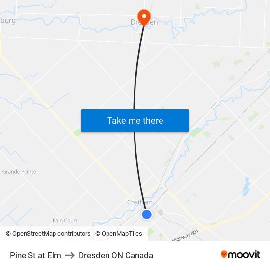 Pine St at Elm to Dresden ON Canada map