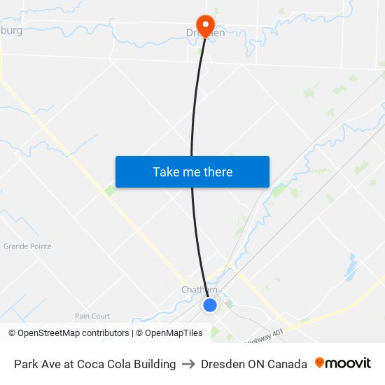Park Ave at Coca Cola Building to Dresden ON Canada map