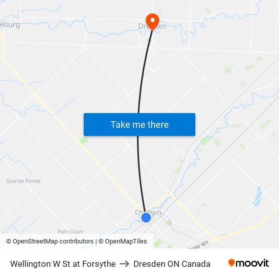 Wellington W St at Forsythe to Dresden ON Canada map