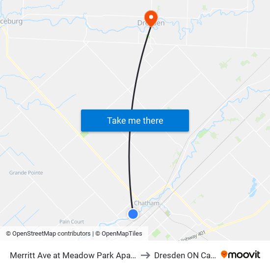 Merritt Ave at Meadow Park Apartments to Dresden ON Canada map