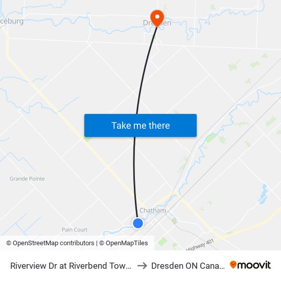 Riverview Dr at Riverbend Towers to Dresden ON Canada map