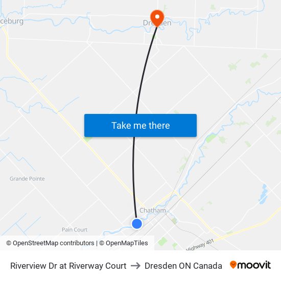 Riverview Dr at Riverway Court to Dresden ON Canada map