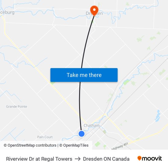 Riverview Dr at Regal Towers to Dresden ON Canada map