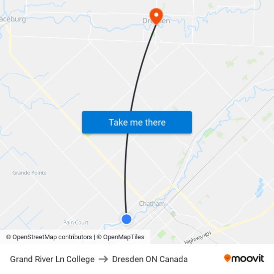 Grand River Ln College to Dresden ON Canada map