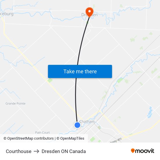 Courthouse to Dresden ON Canada map