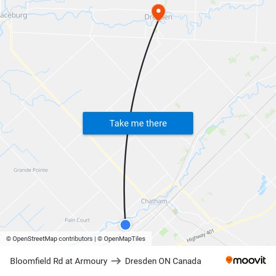 Bloomfield Rd at Armoury to Dresden ON Canada map