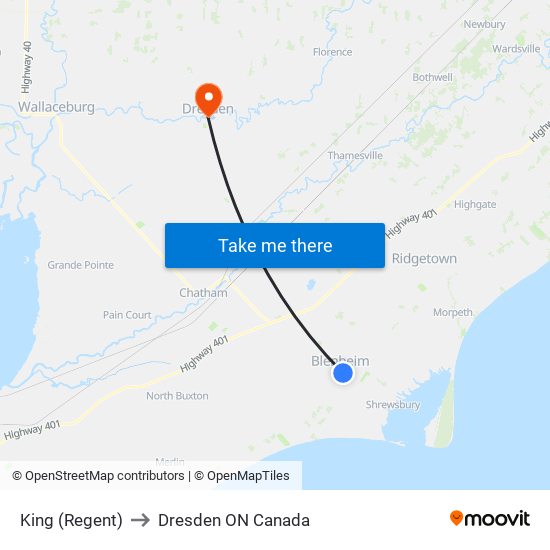 King (Regent) to Dresden ON Canada map