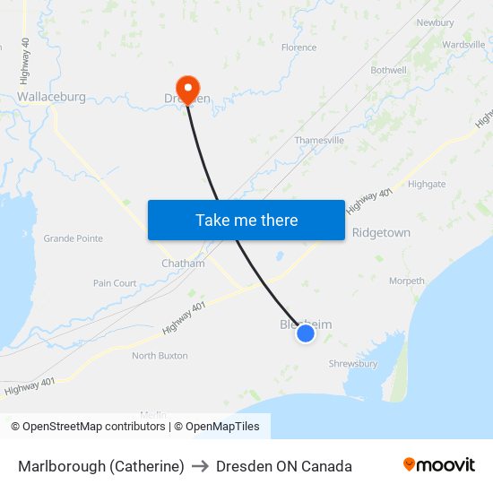 Marlborough (Catherine) to Dresden ON Canada map
