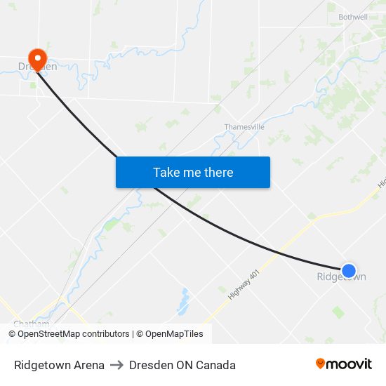 Ridgetown Arena to Dresden ON Canada map