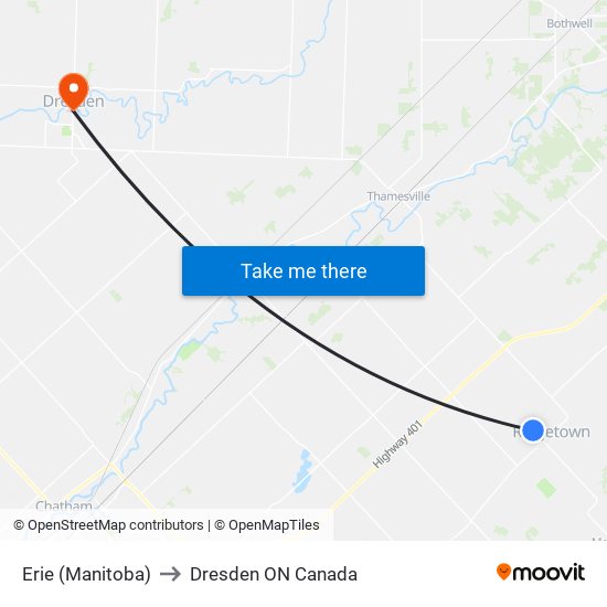 Erie (Manitoba) to Dresden ON Canada map