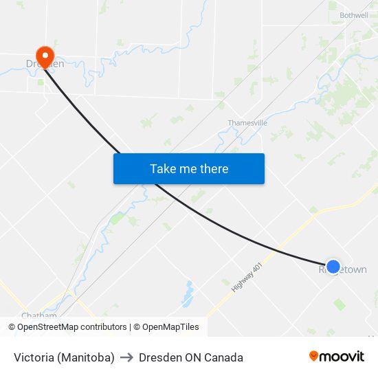 Victoria (Manitoba) to Dresden ON Canada map