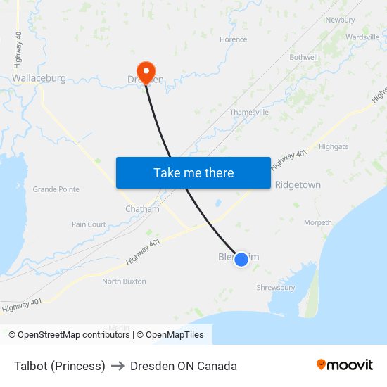 Talbot (Princess) to Dresden ON Canada map