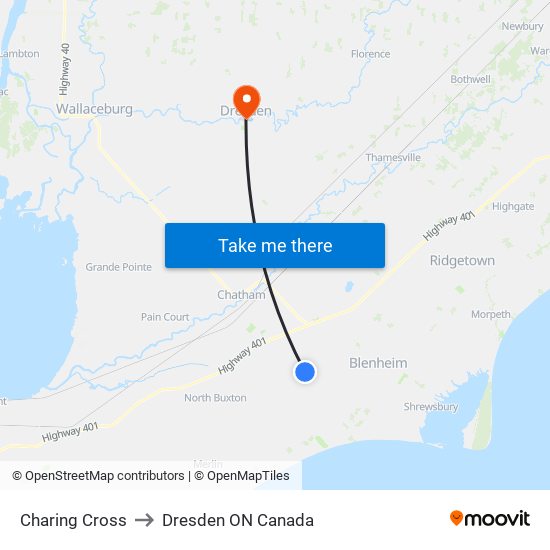 Charing Cross to Dresden ON Canada map