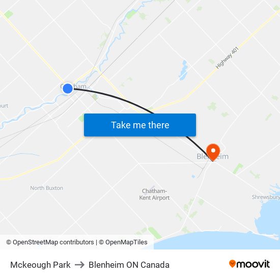 Mckeough Park to Blenheim ON Canada map