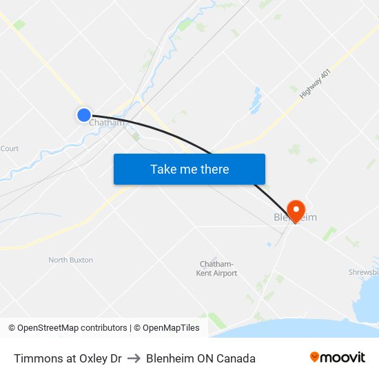 Timmons at Oxley Dr to Blenheim ON Canada map