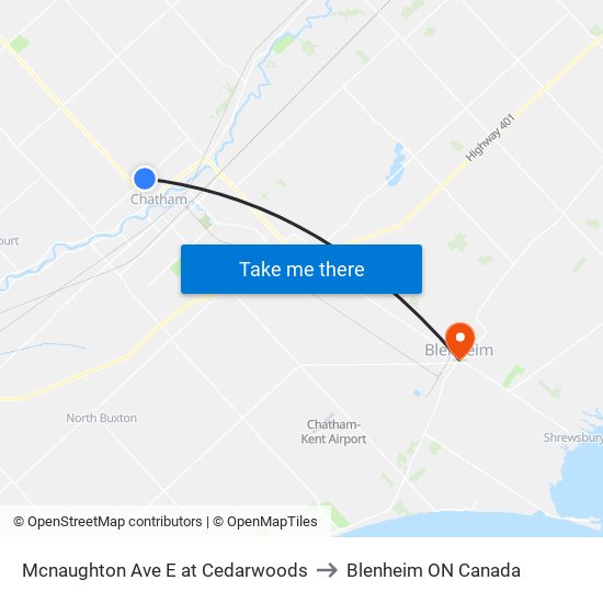 Mcnaughton Ave E at Cedarwoods to Blenheim ON Canada map