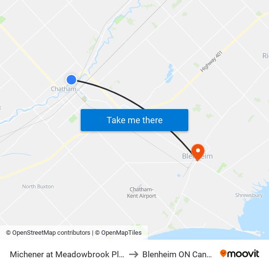 Michener at Meadowbrook Plaza to Blenheim ON Canada map