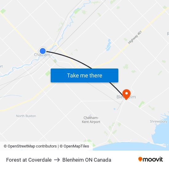 Forest at Coverdale to Blenheim ON Canada map